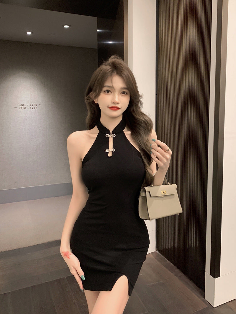 Womens Solid-Color Retro Off-the-Shoulder Slit Bodycon Skirt