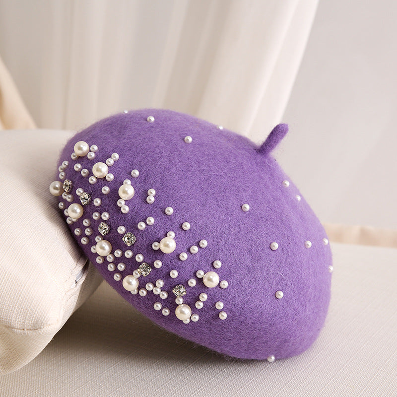 Ladies Small Fragrance Pearl Rhinestone Wool Beret