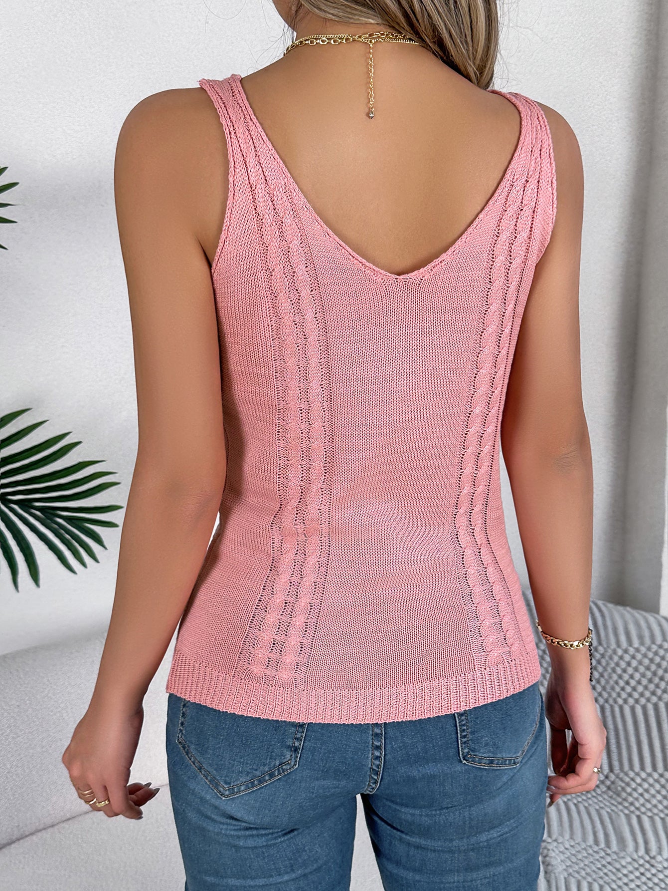Women S Solid Color V-Neck Hollow Out Sleeveless Knit Vacation Tank