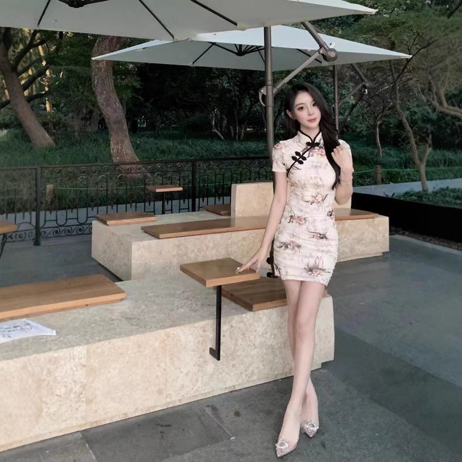 Printed Cinched-waist Slimming Short Chinese-style Dress