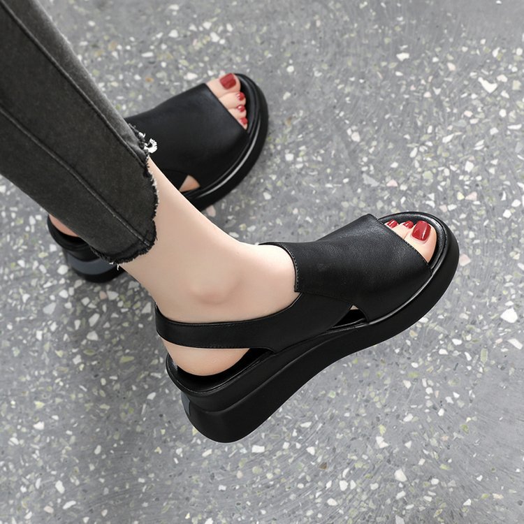 Buckle High Heel Soft Leather Soft Sole Platform Fish Mouth Sandals