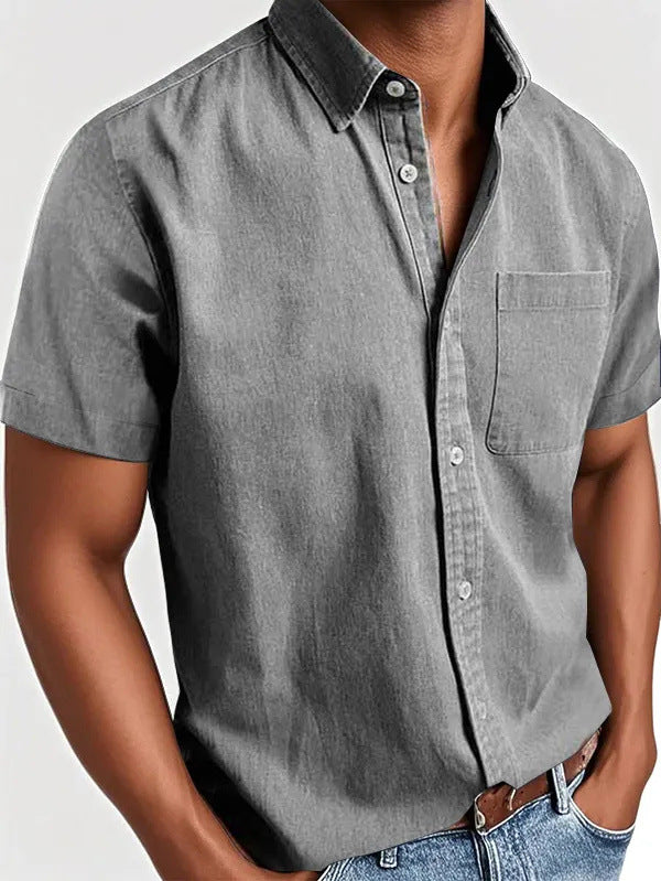 Polo Collar Solid Color Pocket Single-breasted Men's Short-sleeved Shirt