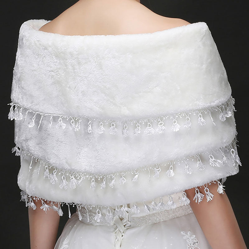 Fringed warm white wedding hair shawl