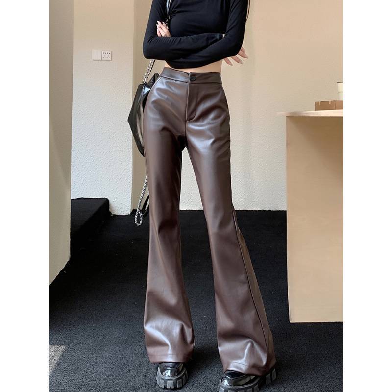 Slim Fit Læder Bootcut Bukser Slankende Højtaljede Casual Læderbukser