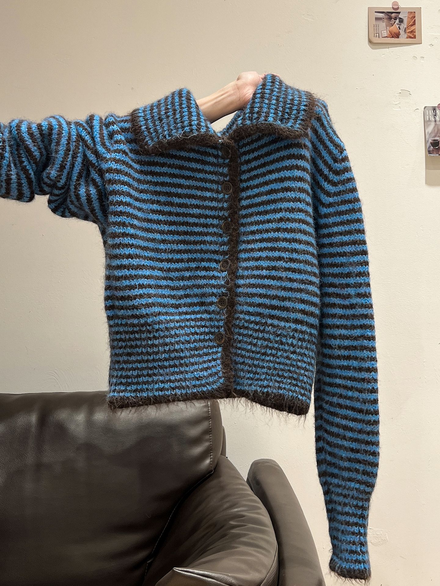 Polo Collar Striped Single-breasted Knitted Sweater Long Sleeve