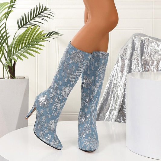 Kvinders moderigtige pailletter blomsterdenim spidse stiletstøvler