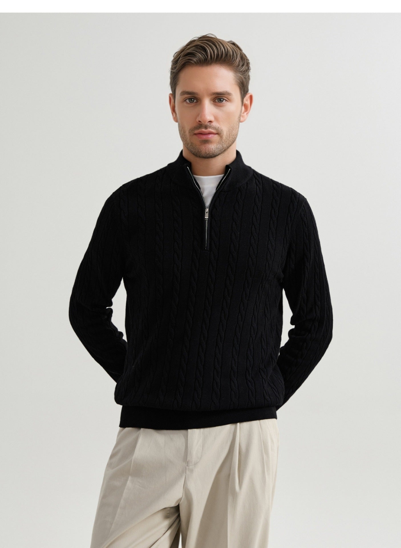 American Old Money Style Stand Collar Twisted Men's Casual Zipper Sweater