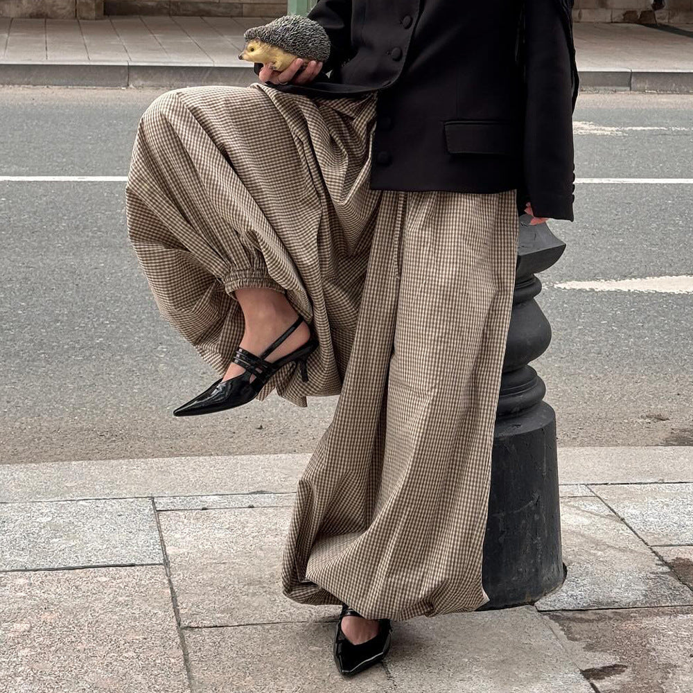 Retro Brown Plaid Wide-leg Bloomers