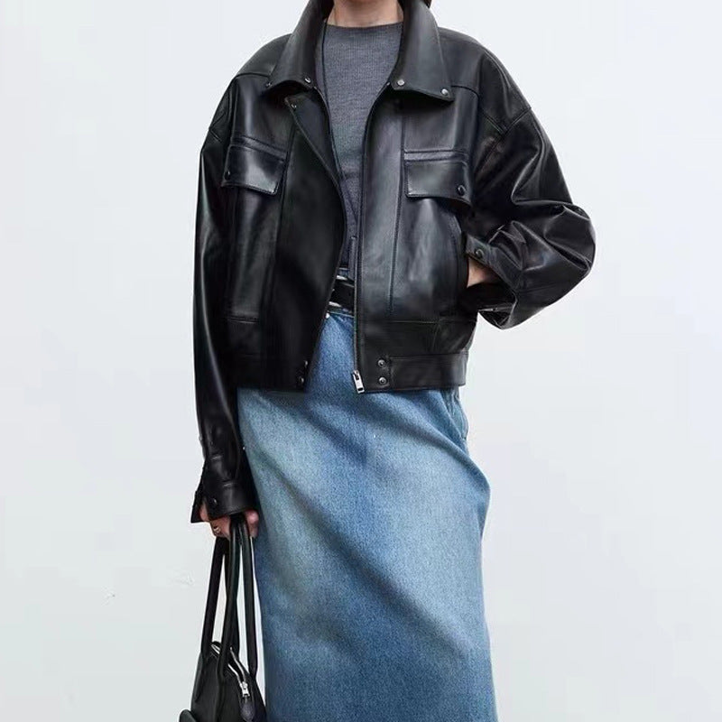 Ny kort casual jakke i fåreskind med løs retro-pasform