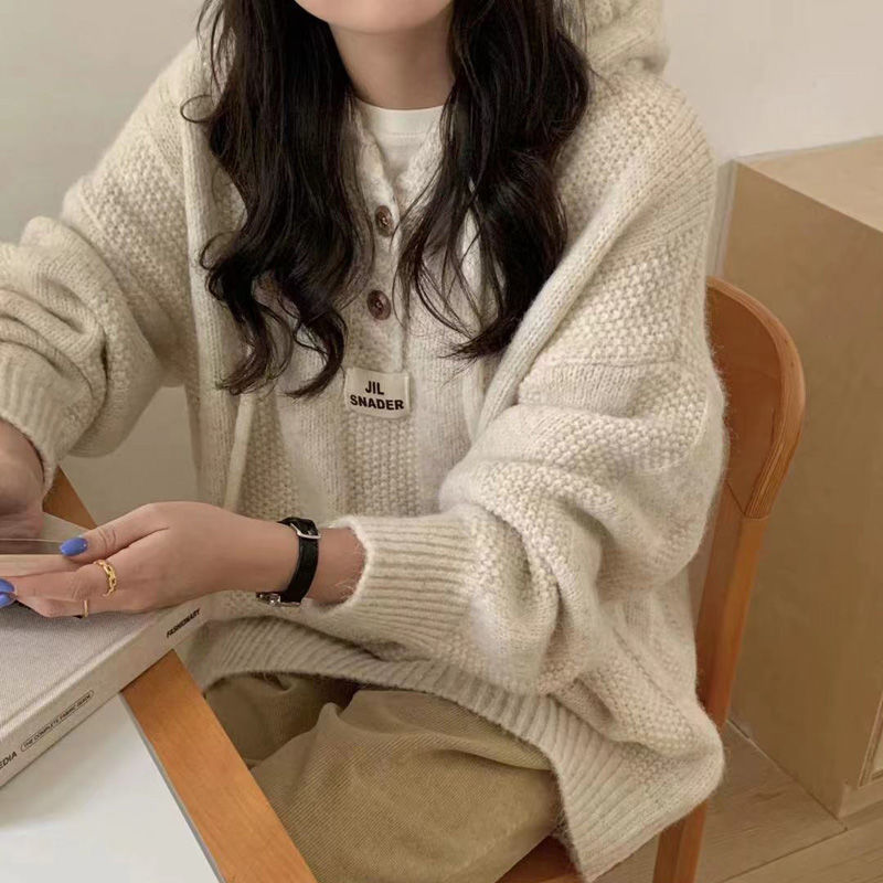 Hooded Soft Glutinous Thick Drawstring Knitted Sweater Top