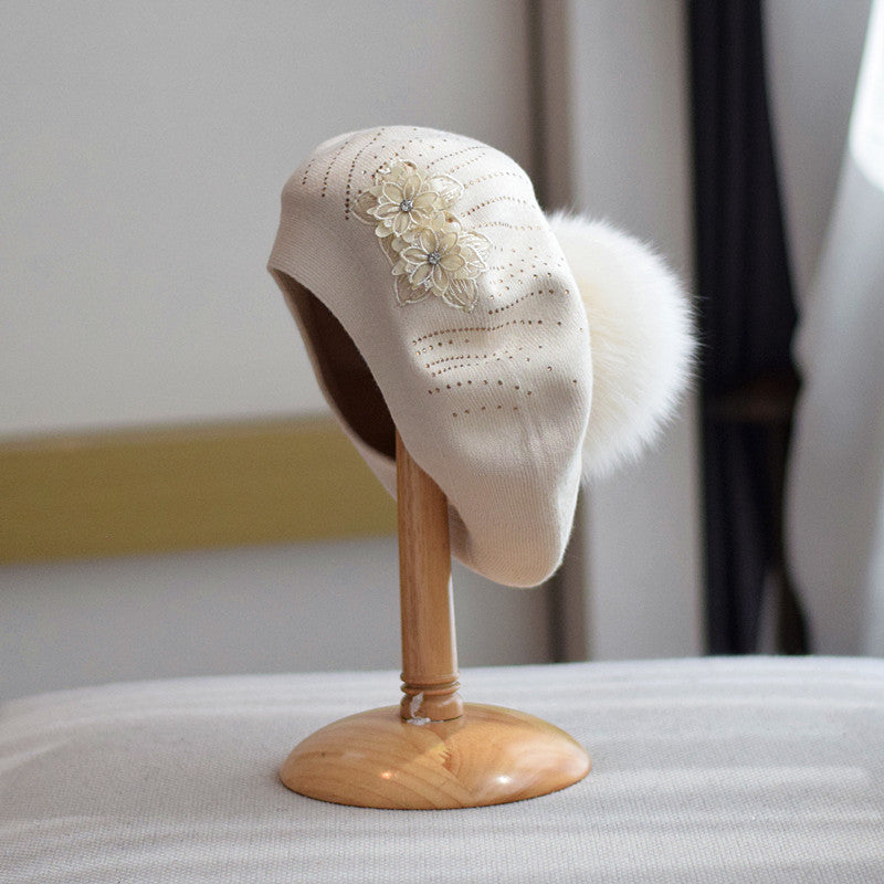 New Wool Double-layer Rhinestone Flower Knitted Beret Women's