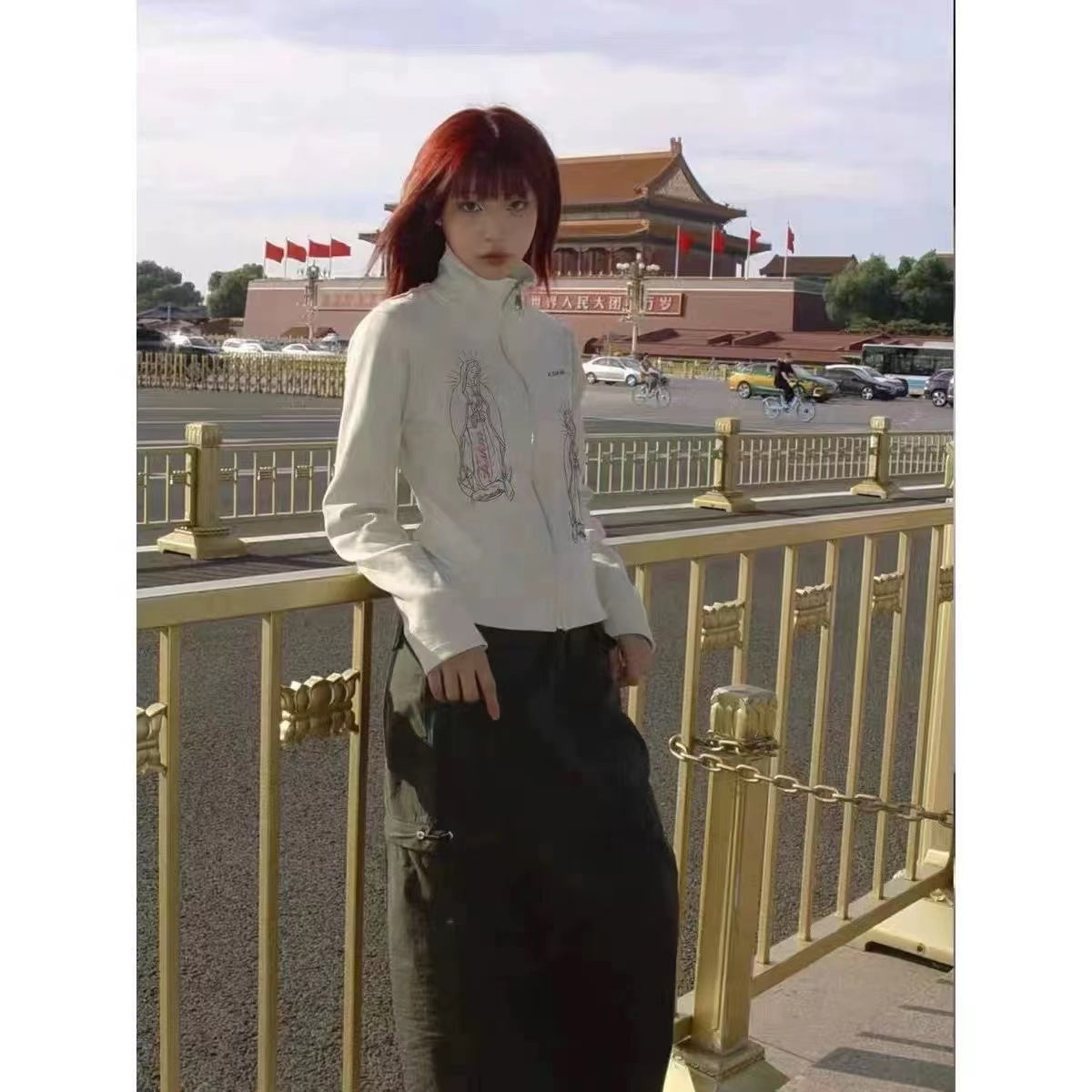 White Stand Collar Virgin Printed Sweater Women's Top