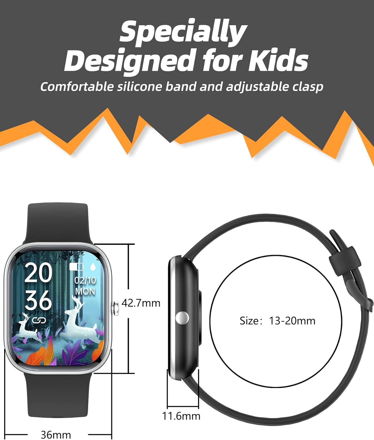 Kids Smart Watch for Boys Girls,Ip68 Waterproof Kids Fitness Activity Tracker Watch,Heart Rate Sleep Monitor,8 Sport Modes,Pedometers,Calories Counter,Alarm Clock,Gifts for Teens 5+ (Black)