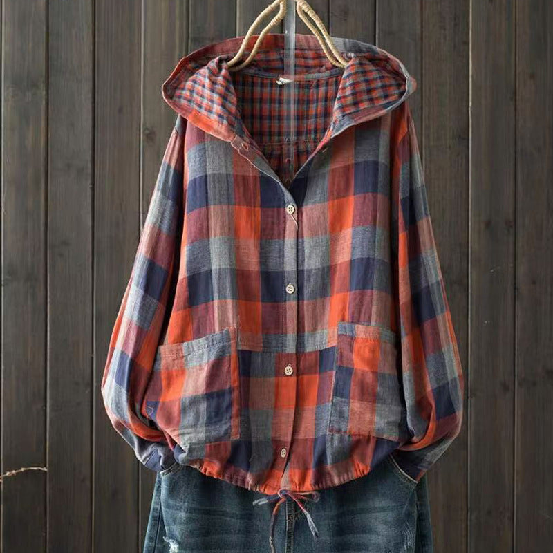New Korean-style Oversized Artistic Retro Casual Plaid Cotton-linen Double-layer Shirt With A Hood