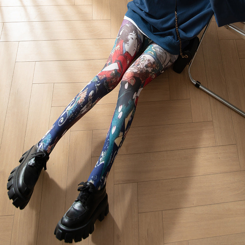 Thin Fashion Vintage Pantyhose Spring And Autumn Flower Print