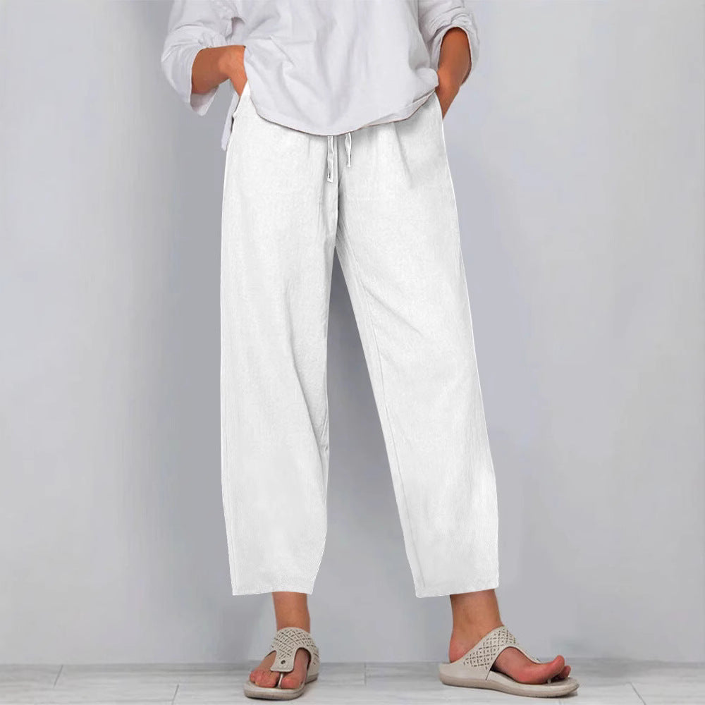 Elastic Waist Solid Color Cotton And Linen Wide Leg Casual Trousers