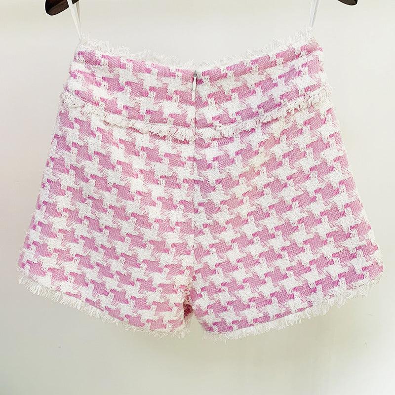 Women's Shiny Houndstooth Tweed Fringe Shorts