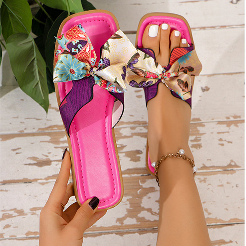 Ribbon Bow Sandaler Sommer Nye Firkantet Tå Lav Hæl Sandal Til Kvinder Slides Mode Afslappede Strandsandaler