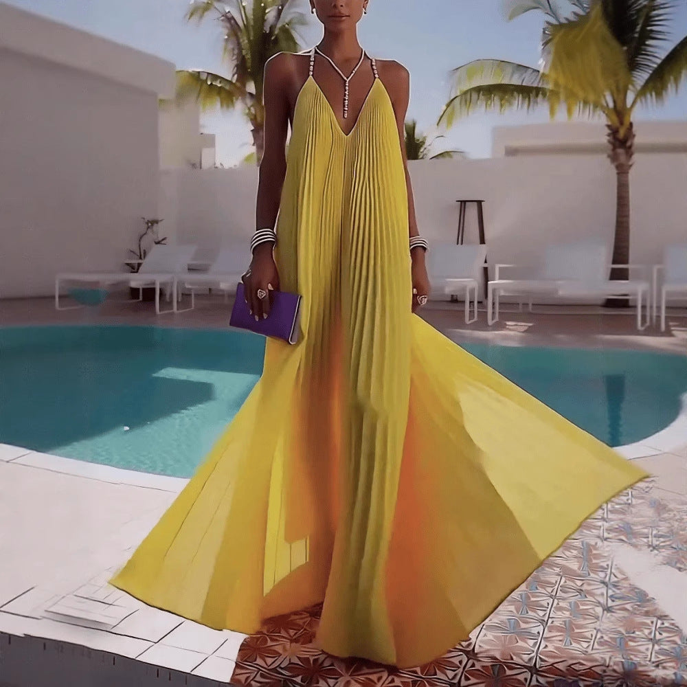 Womens Strapless Backless Pleated Maxi V-Neck Dress