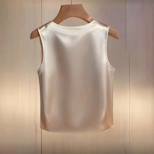 Womens Solid-Color Crew-Neck Beaded Tank Top T-Shirt