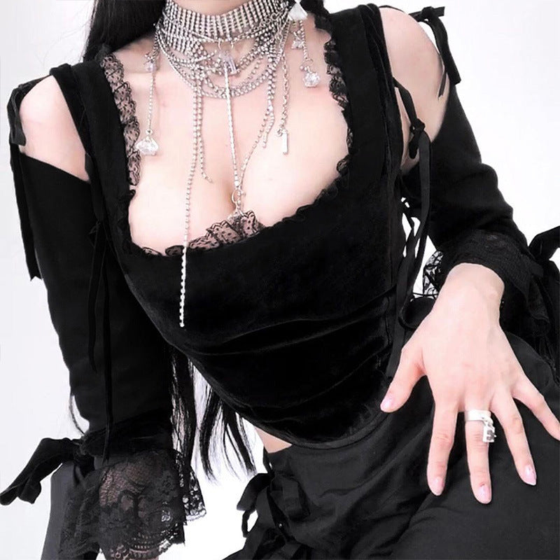 Dark Girl Bottoming Lace Breast-showing Long-sleeved Top