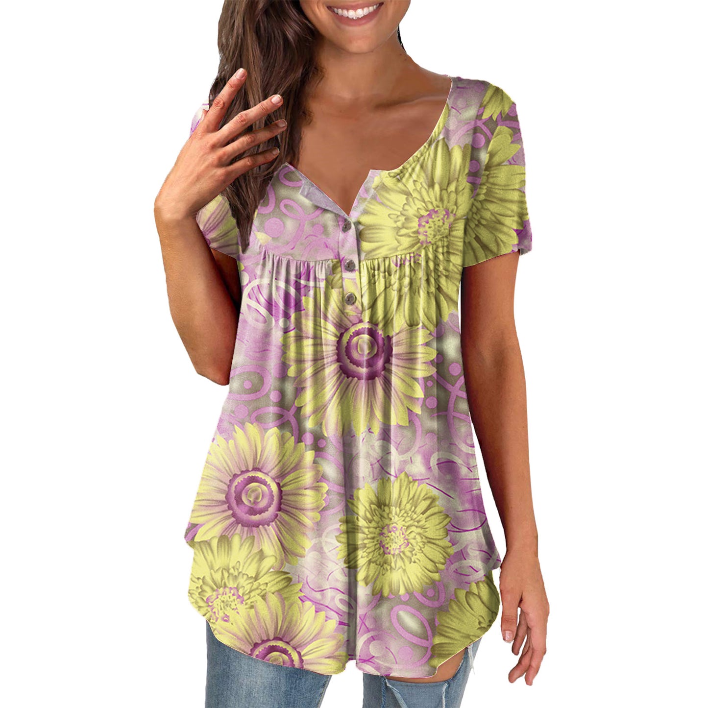 Ladies' Printed Ruffled Pullover Short Sleeve