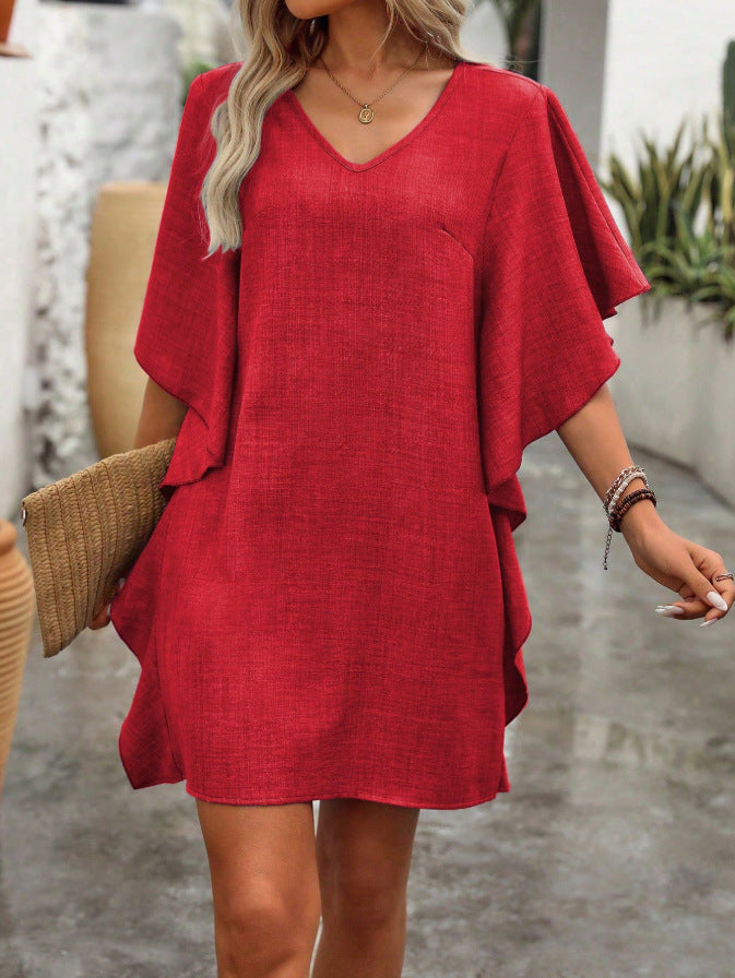 Solid-color Loose-fitting Flowing V-neck Dress With Ruffled Hem