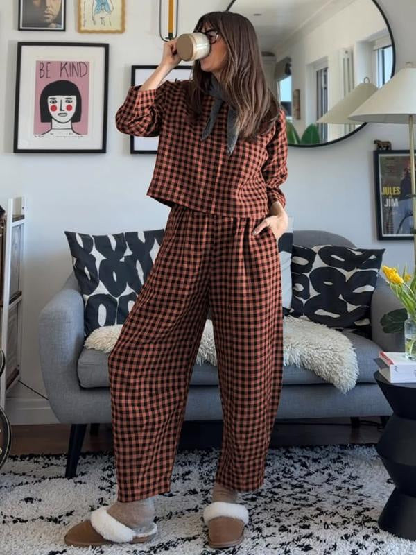 Loose And Breathable Grid Long-sleeve Vest And Pants Set