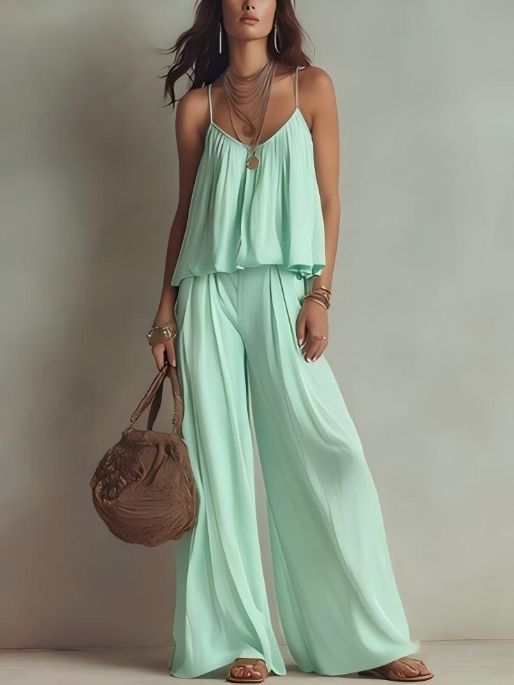 French-style Minimalist Slip Top And Wide-leg Pants Two-piece Set For Women
