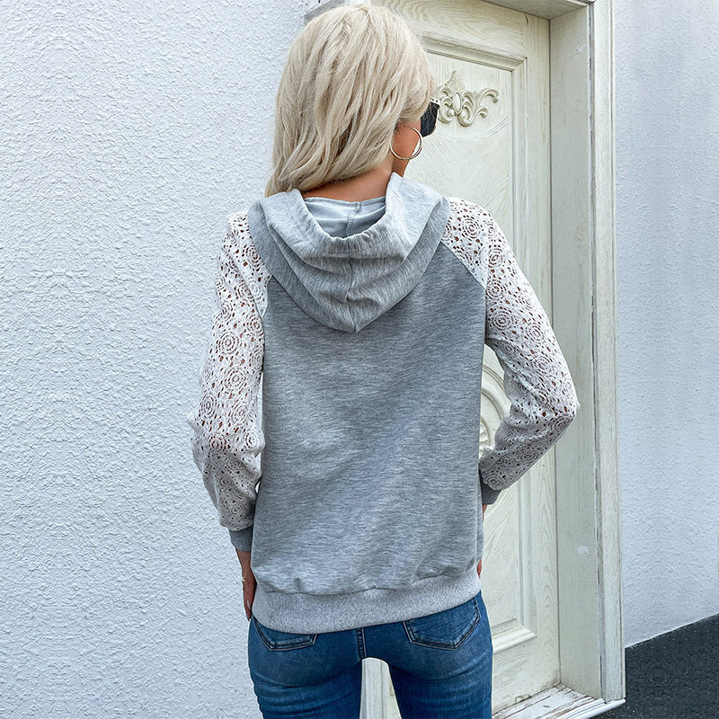 Women's Pullover Hooded Lace Panel Sweatshirt