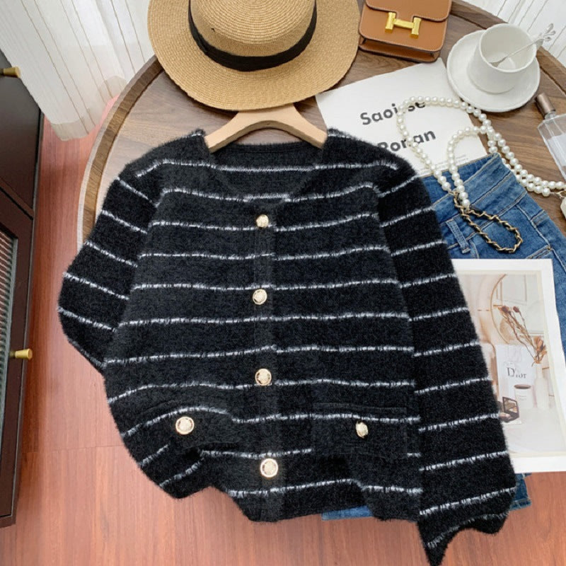 Striped Round Metal Button Faux Pocket Round Neck Sweater
