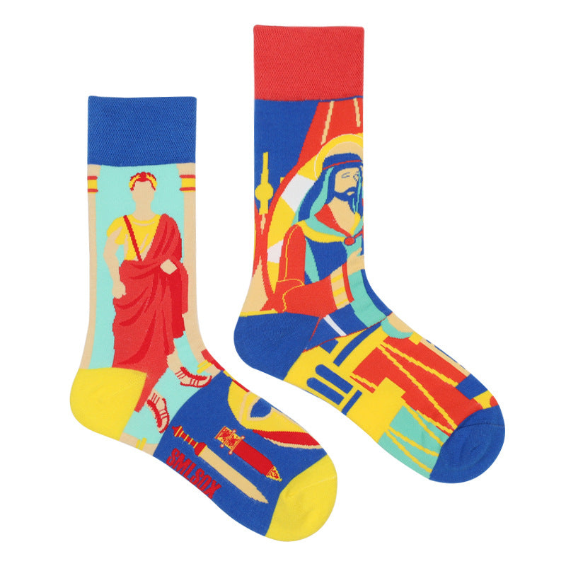 Asymmetrical Color Retro Personality Male And Female Couple Mid-length Cotton Socks