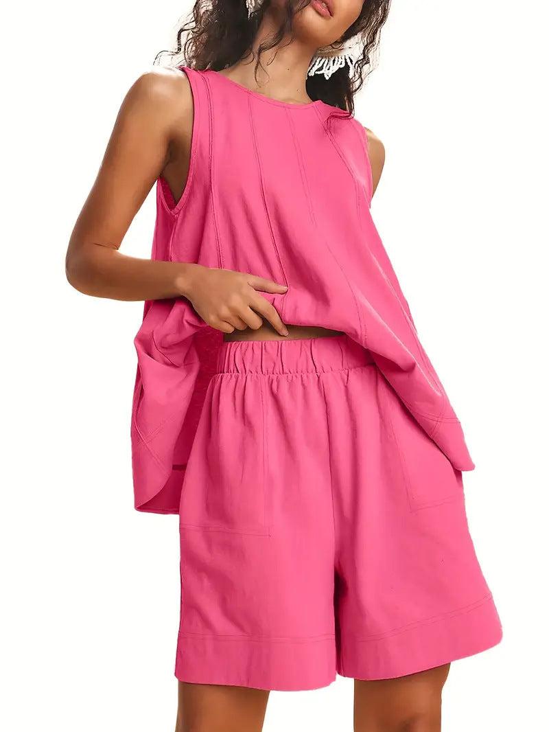 Solid-Color Elegant Crew-Neck Tank Top And Wide-Leg Shorts Set For Women