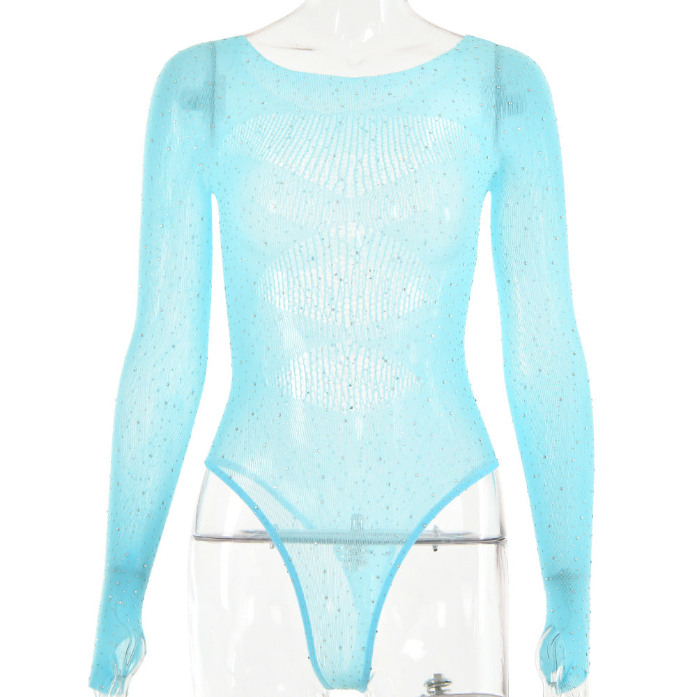 Women's High Elastic Knitted Sheer Long Sleeve Hollow Rhinestone Jumpsuit