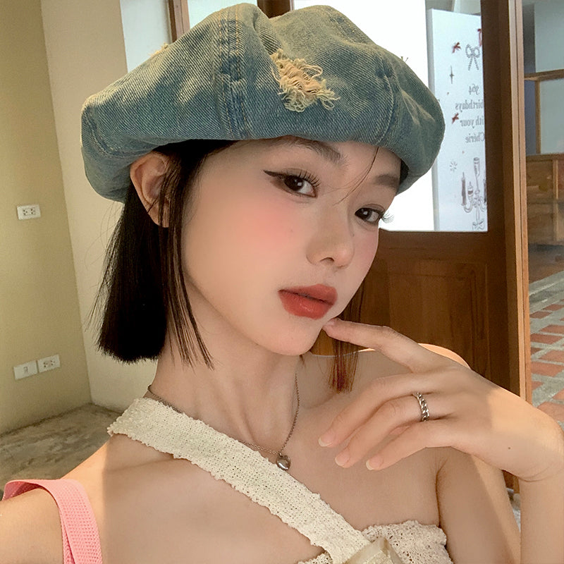 Korean Retro Make Old Ripped Denim Beret