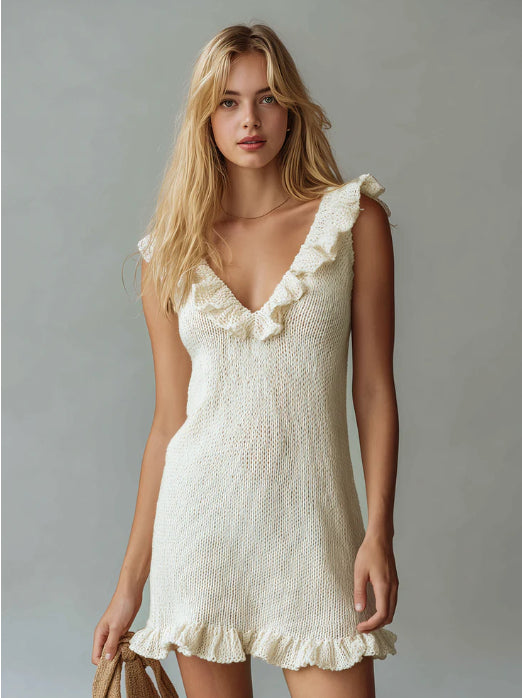 Lazy And Casual V-neck Sleeveless Ruffled Knitted Mini Dress