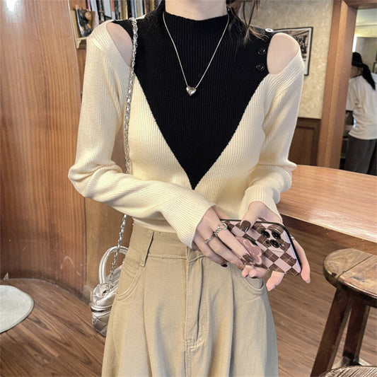 Women's Fake Two-piece Contrast Color Design Sweater