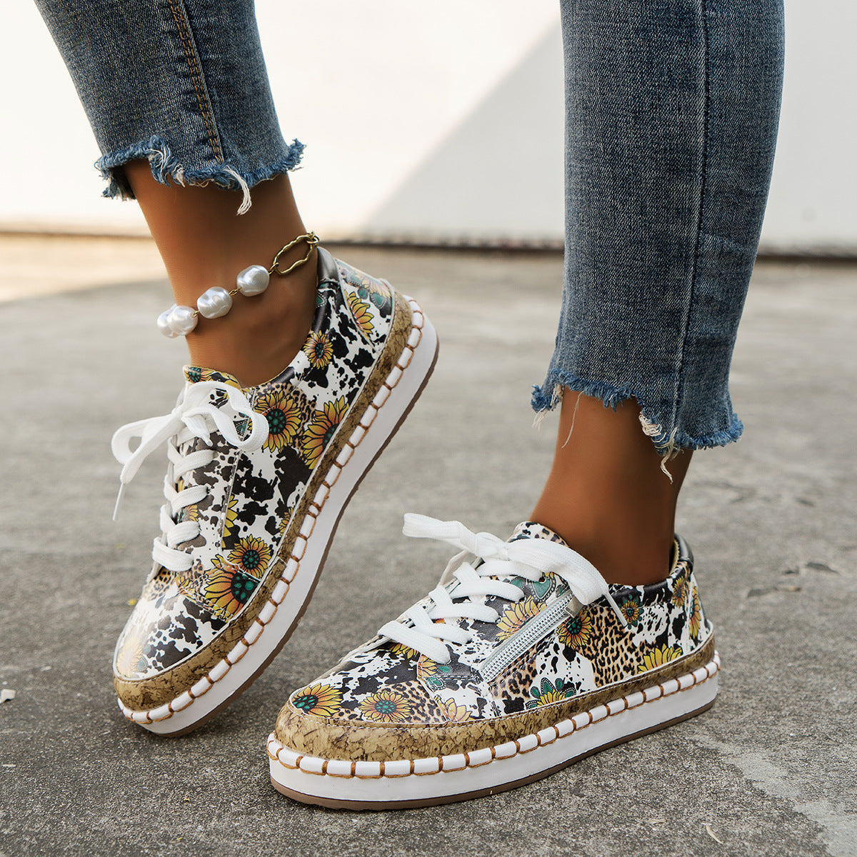 Color Matching Printing Lace-up Flats Retro Fashion
