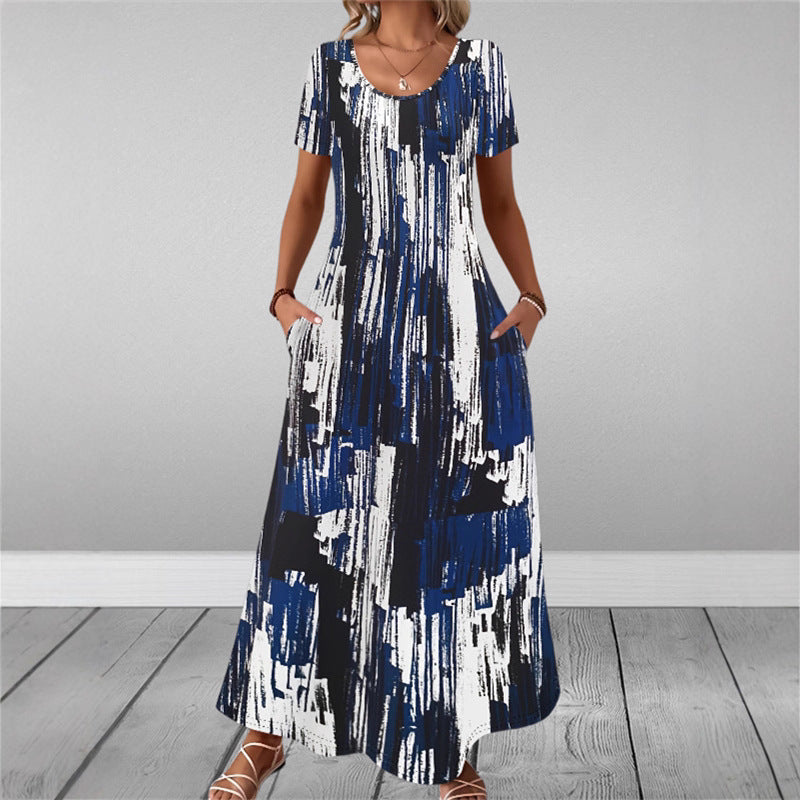 Round-neck Short-sleeve Printed Dress With Patch Pockets
