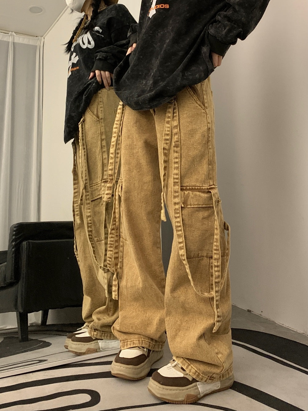 Retro Long Streamer Purple Overalls Straight-leg Trousers