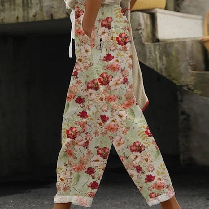 Digital Flower Printing Rag-eared Casual Pants