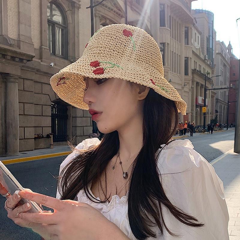 Women's Cherry  Straw Hat Bucket Cover The Face Is Prevented