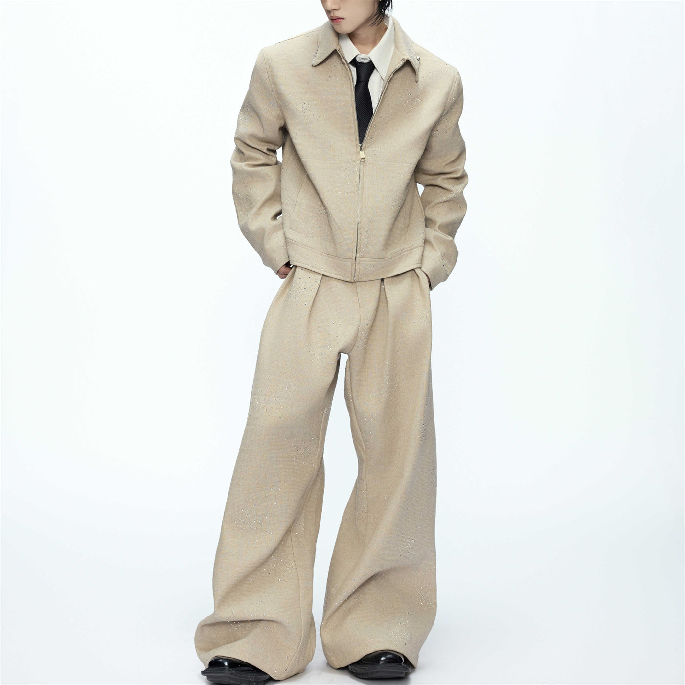 Short Coat And Chic Sequin Wide-leg Pants Set