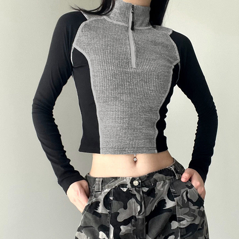 Raglanærmet tynd sweater med lynlås og opretstående krave