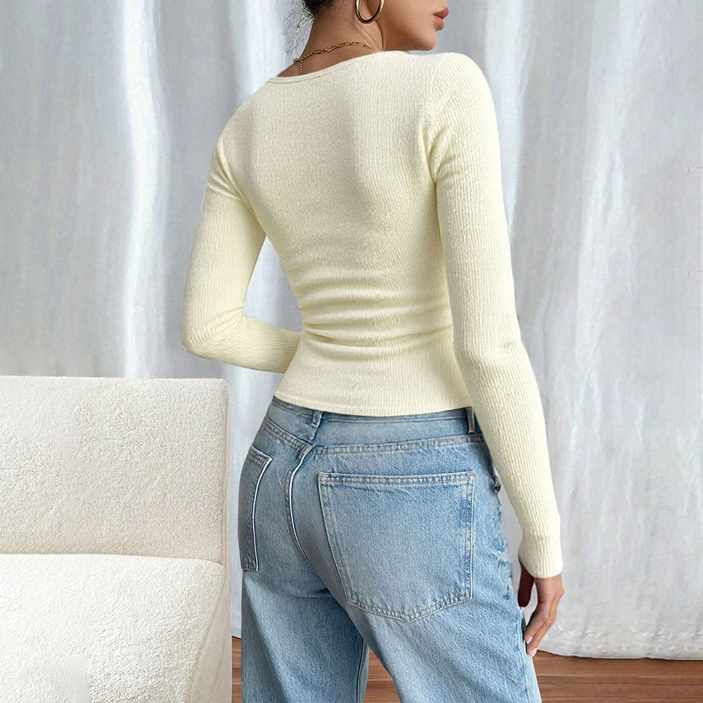Sexy Mature Style T-shirt, Autumnwinter Cropped Short Design Long-sleeve Top