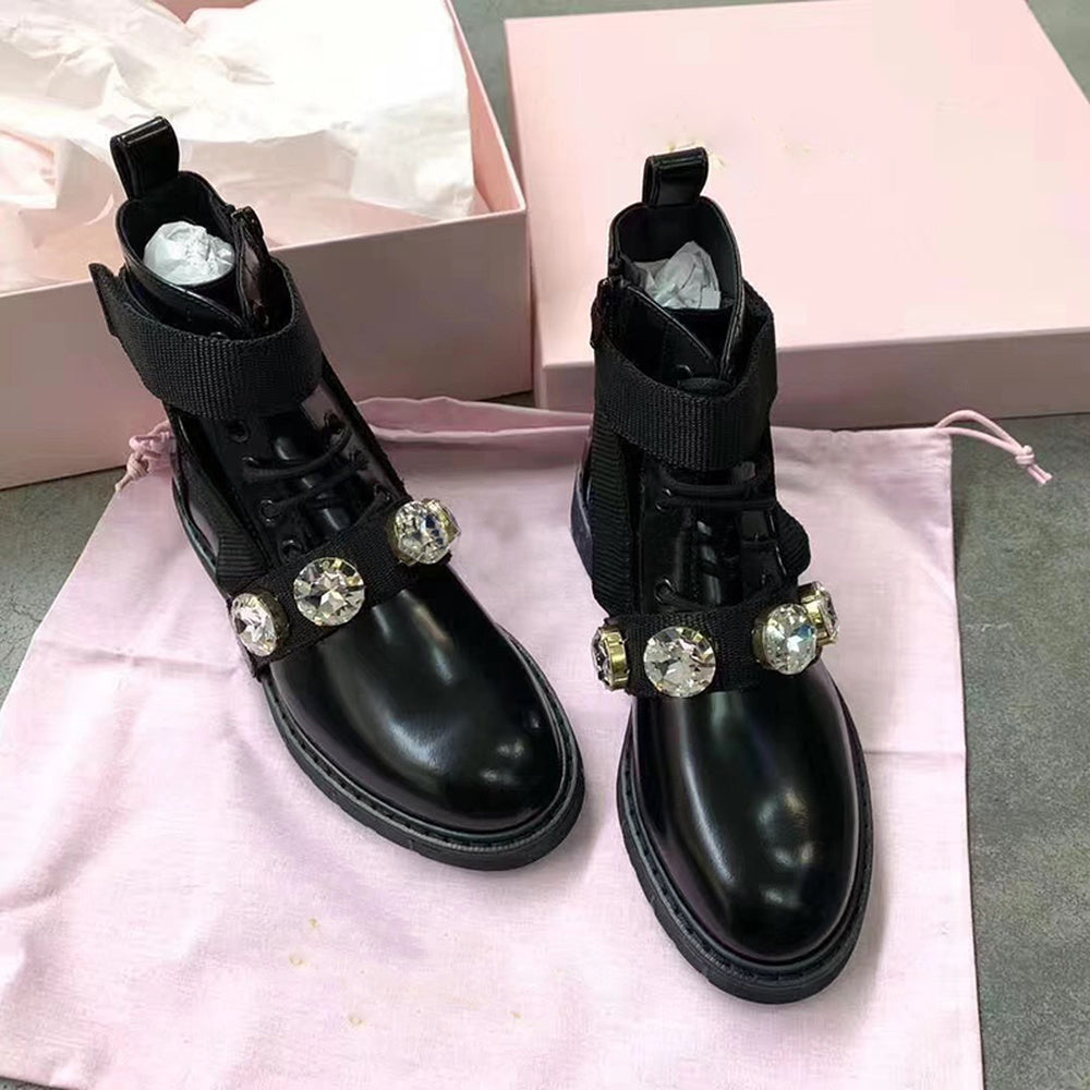 Women's Flat Rhinestone Martin Boots And Nude