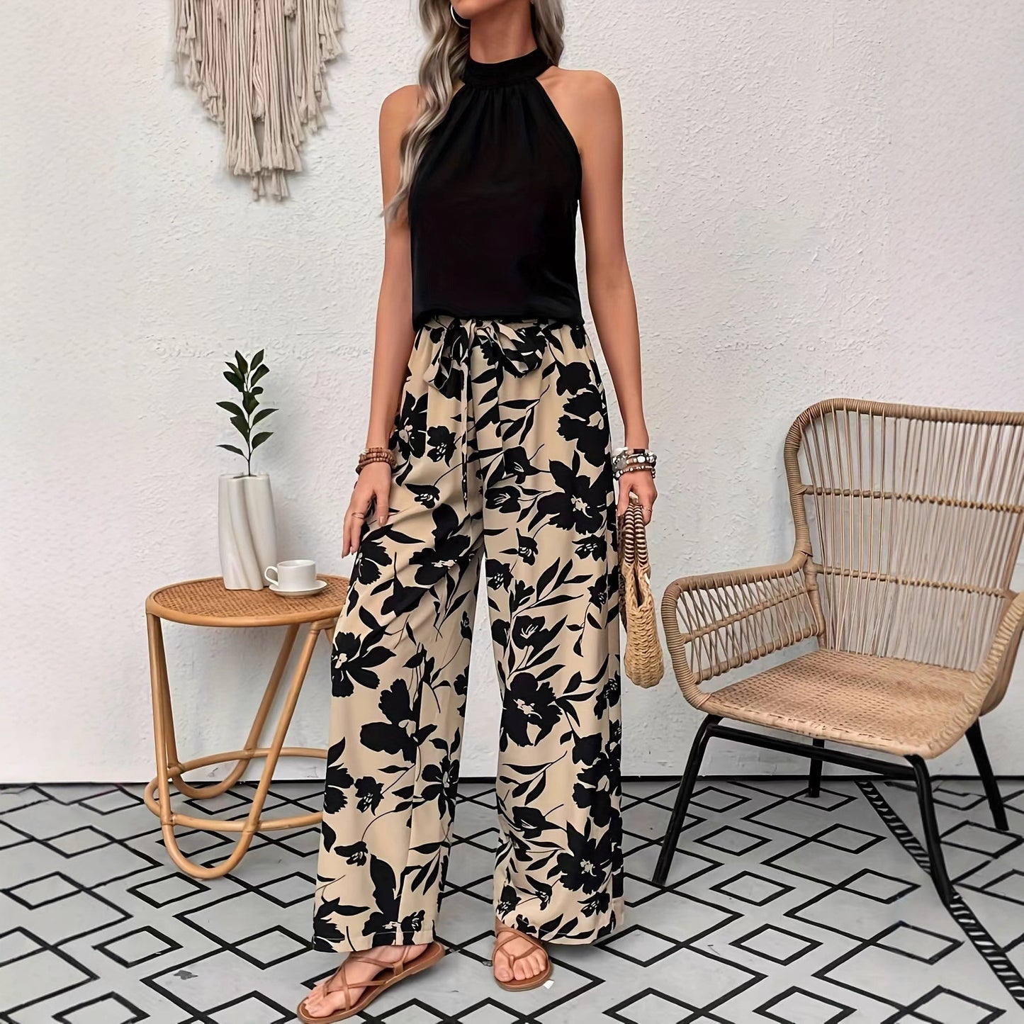 Comfortable Printed Pants Elastic Waist Wide-Leg Pants Womens Casual Trousers