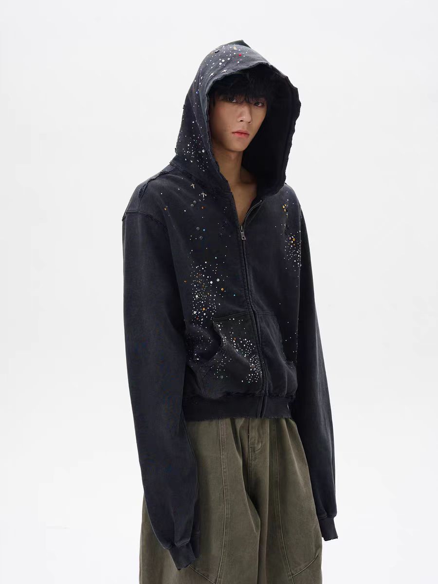 Men's Retro Rhinestone Zipper Hoodie Coat