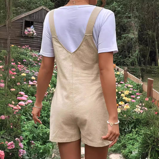 European And American Solid Color Suspender One-piece Shorts With Adjustable Waist