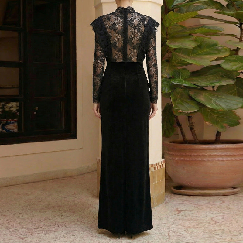 Elegant Black Lace-trimmed Cinched-waist Pleated Dress